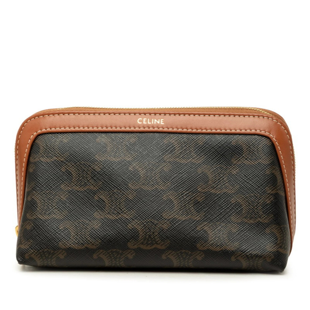 Celine Triomphe Small Cosmetic Pouch Handbag Brown Leather Women's CELINE